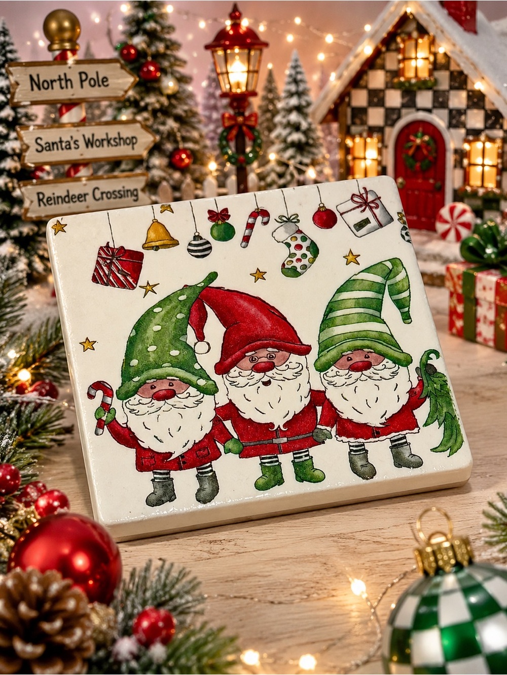 Hand crafted Christmas gnomes ceramic coaster 4”